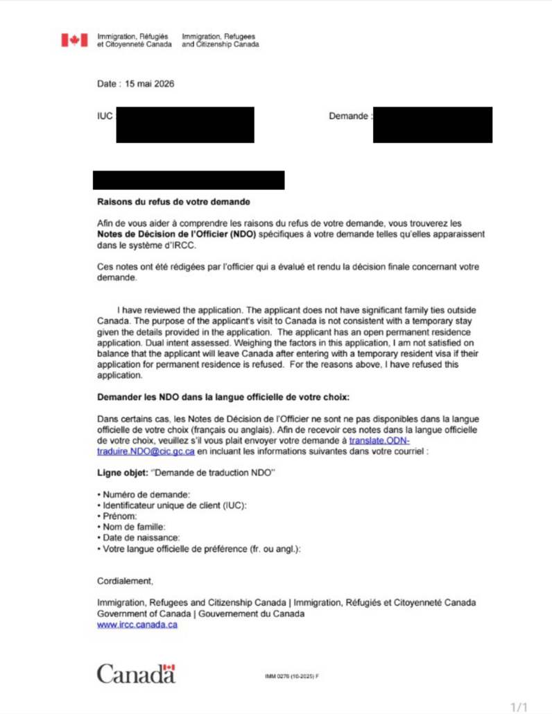 Lettre de refus du 15 mai 2026 avec renseignements personnels masqués