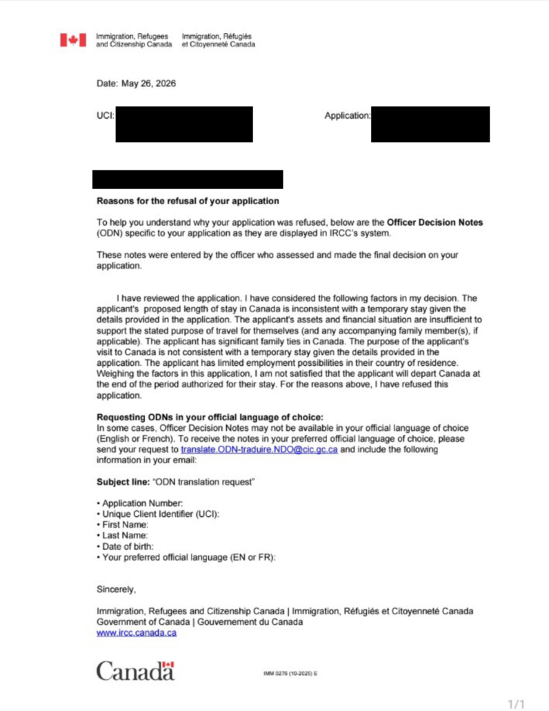 Lettre de refus du 26 mai 2026 avec renseignements personnels masqués